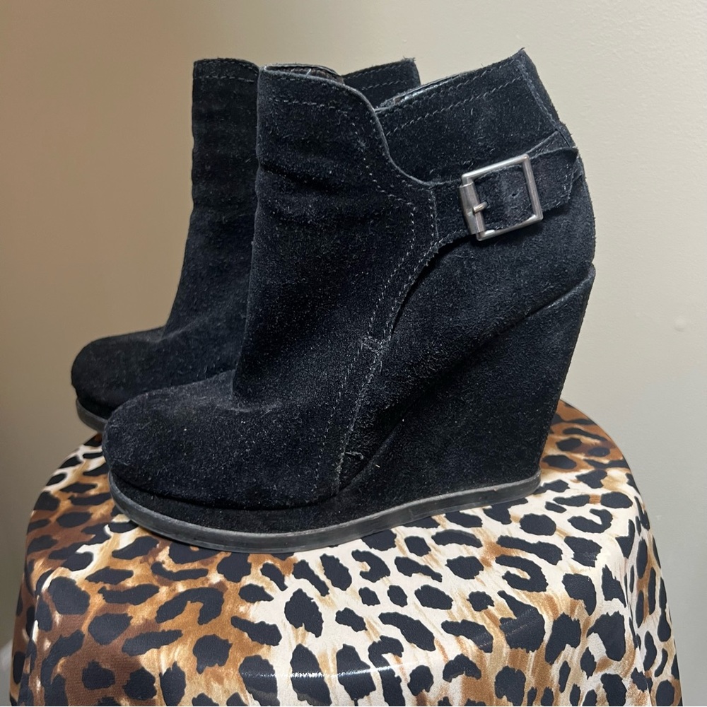 Black Suede Wedge Ankle Bootie with Buckle